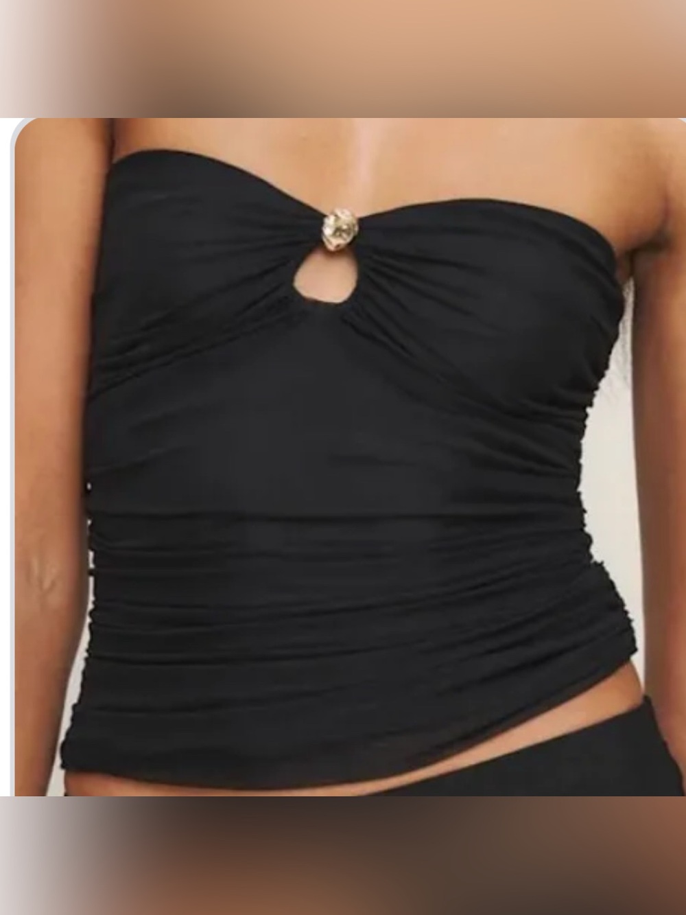 Reformation Black Strapless Ruched Swim Top with Center Ring